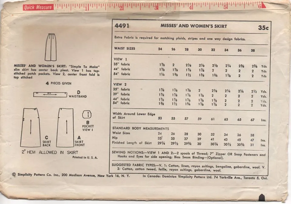 1950’s Simplicity Slim skirt - Waist 28" - No. 4491