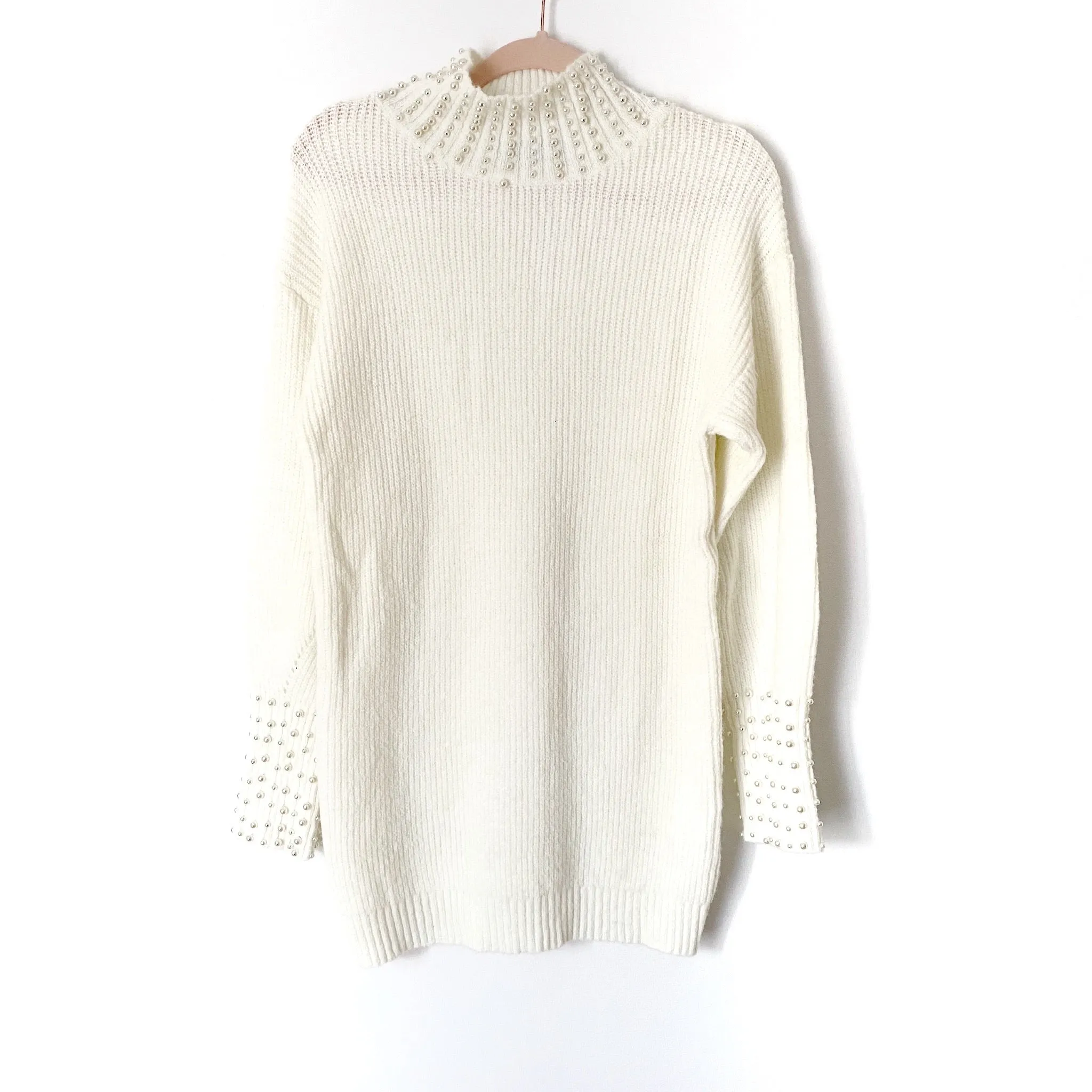 Akira White Pearl Mock Neck Knit Sweater Dress NWT- Size S/M