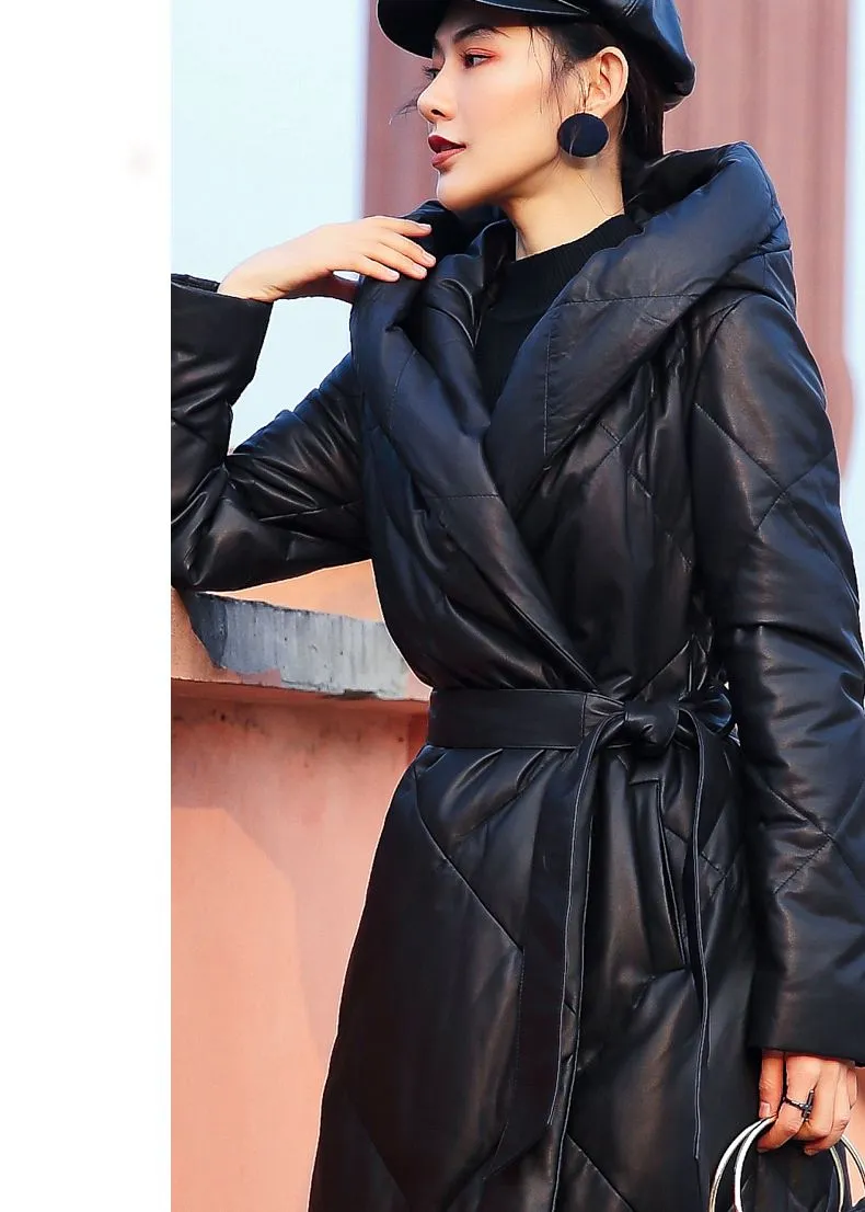 Black Hooded Genuine Leather Quilted Down Overcoat