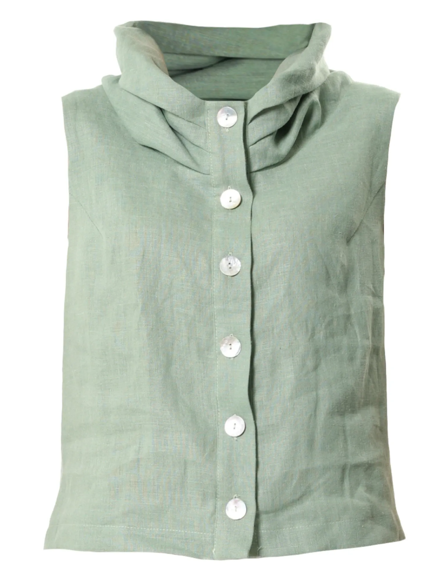 Buttoned Sleeveless Linen Top In Light Green