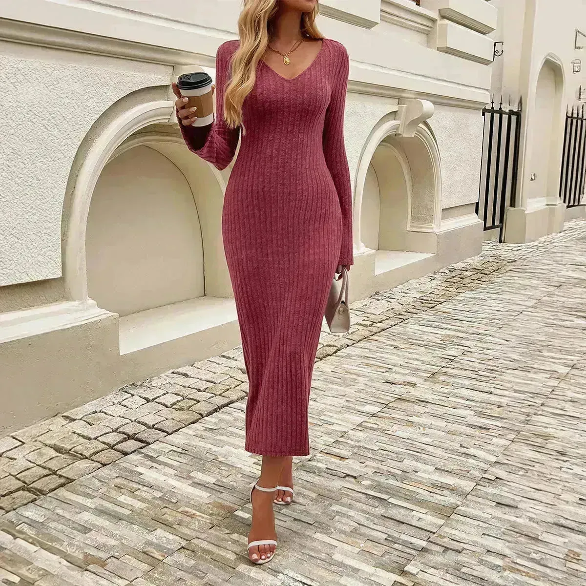 Cashmere V-neck Long bell sleeve Slim fit Midi Winter Sweater Dress