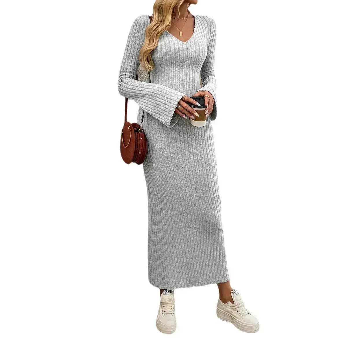 Cashmere V-neck Long bell sleeve Slim fit Midi Winter Sweater Dress