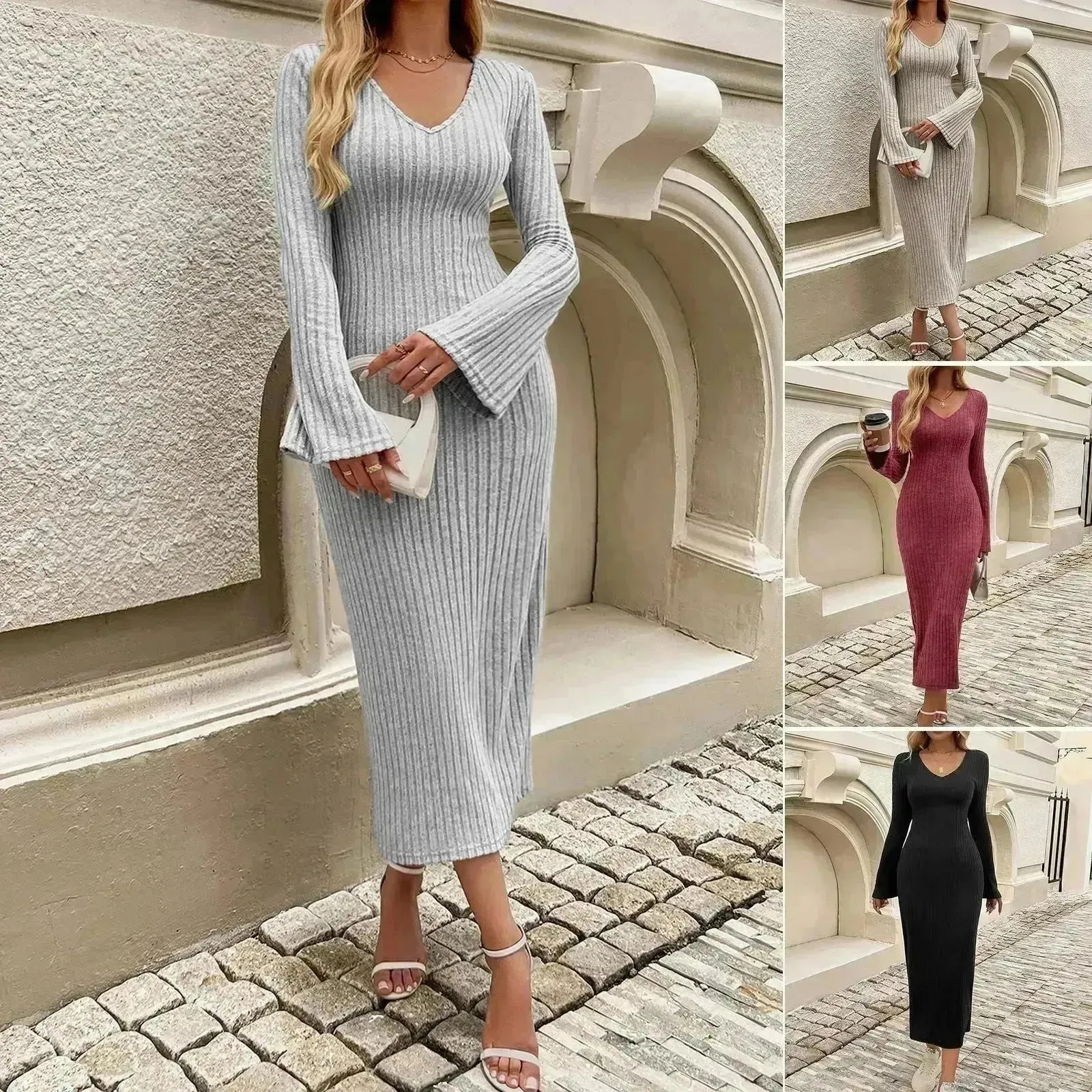 Cashmere V-neck Long bell sleeve Slim fit Midi Winter Sweater Dress