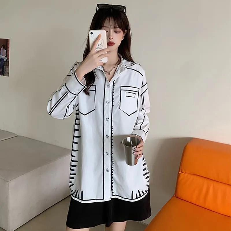 Chic Retro Graffiti Print Collar Shirt