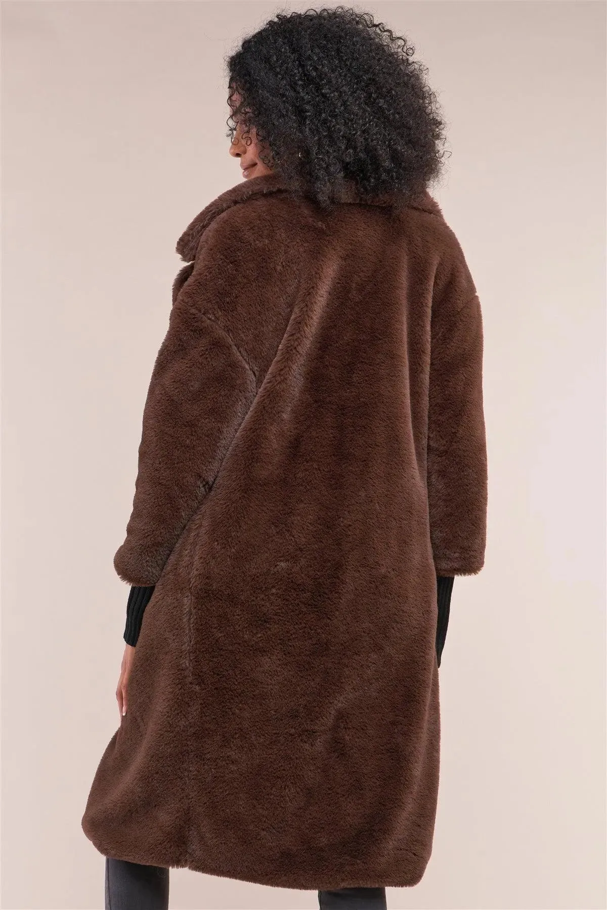 Coffee Brown Long Sleeve Open Front Faux Fur Trench Coat /2-2-2