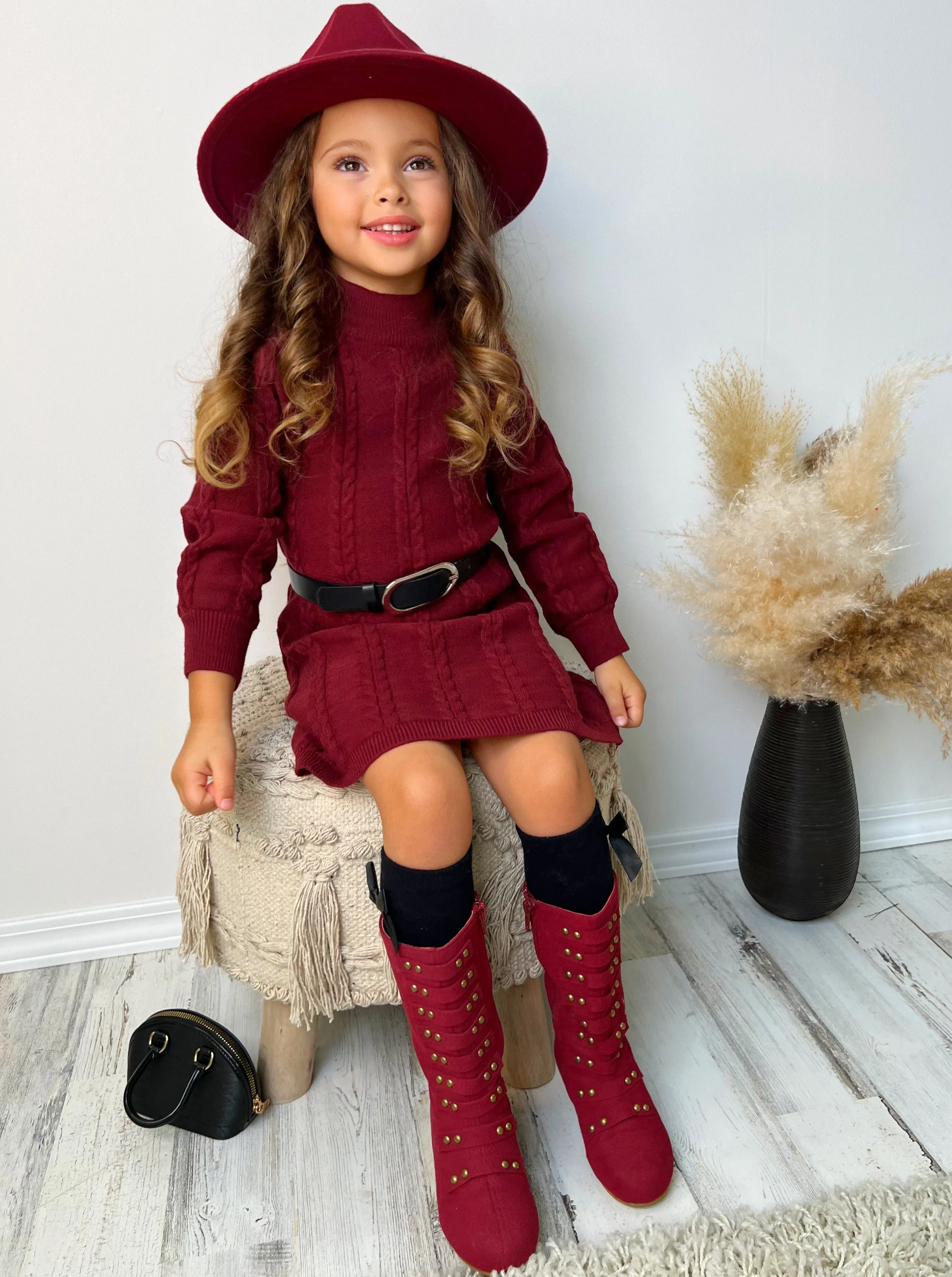 Cute Cranberry Cable Knit Belted Sweater Dress