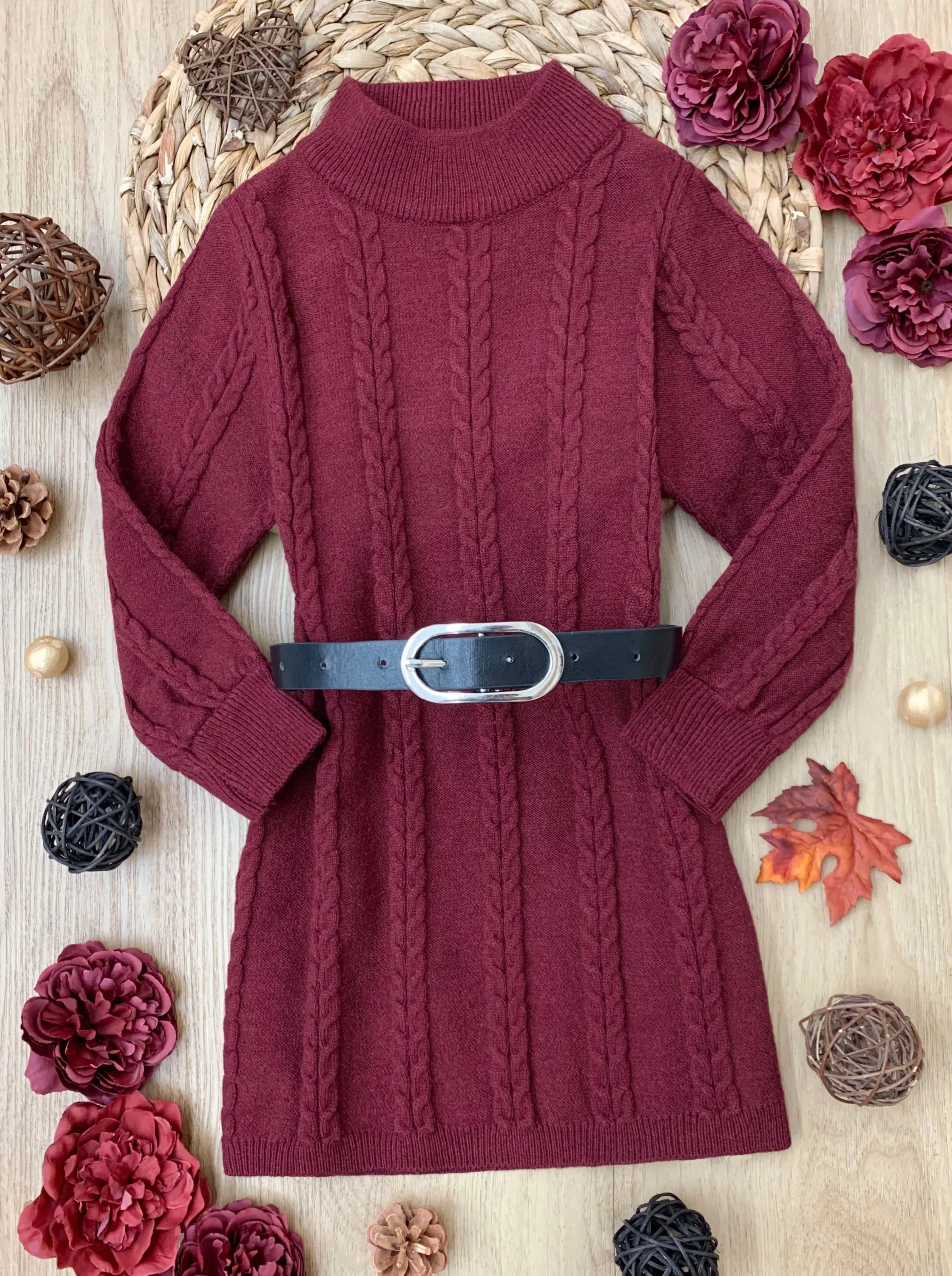 Cute Cranberry Cable Knit Belted Sweater Dress