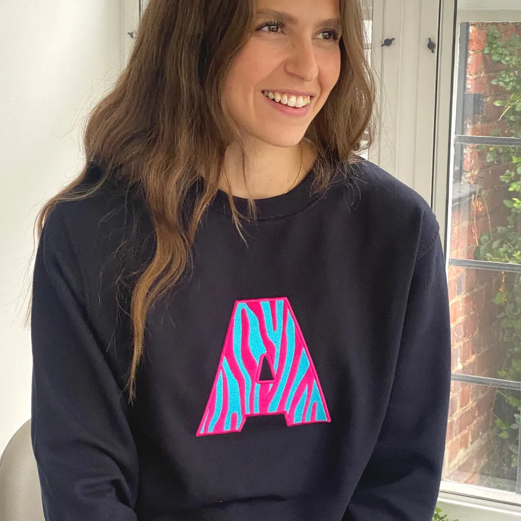 Embroidered Animal Print Initial Navy Sweatshirt