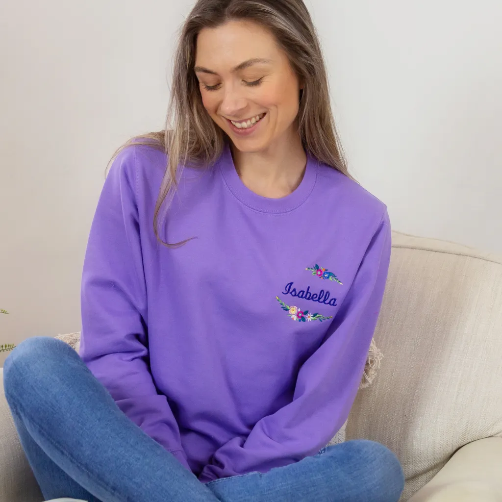 Embroidered Floral Name Lavender Sweatshirt