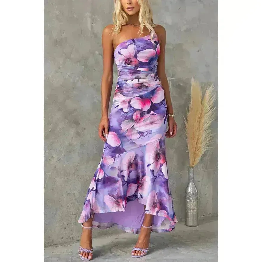 Flowers Print One-shoulder Midi Dress Summer INS Casual Suspender Women Dress