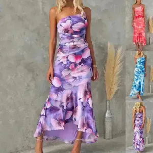 Flowers Print One-shoulder Midi Dress Summer INS Casual Suspender Women Dress