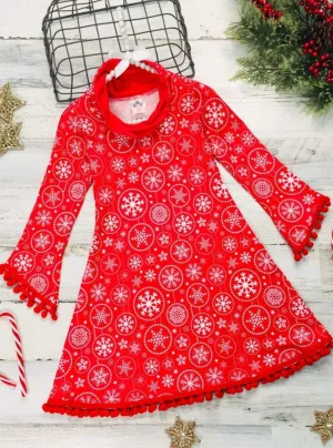 Girls Christmas Themed Long Sleeve Turtleneck A-Line Sweater Dress with Pom Pom Trim