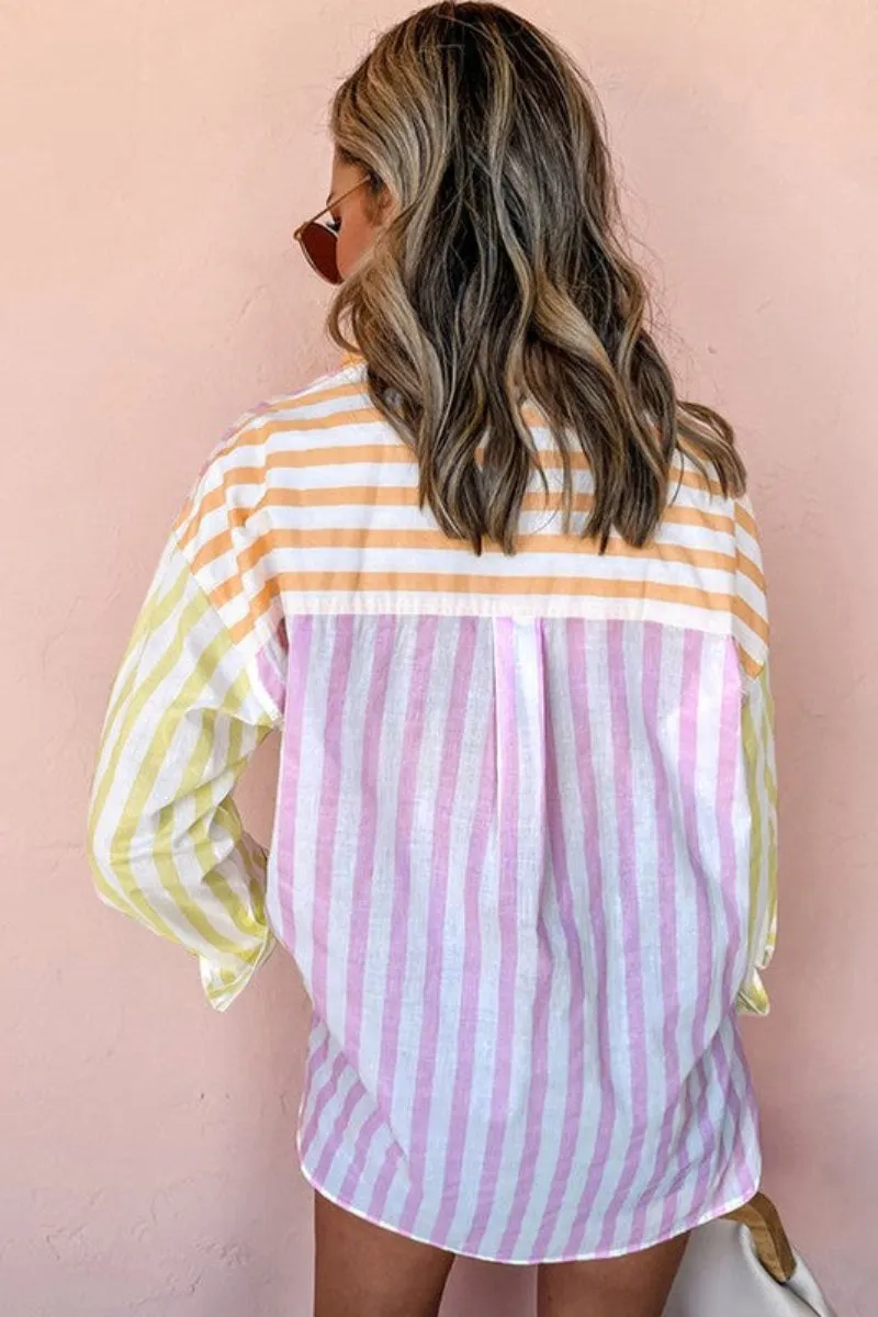 Honey Do Pink Stripe  Patchwork Shirt