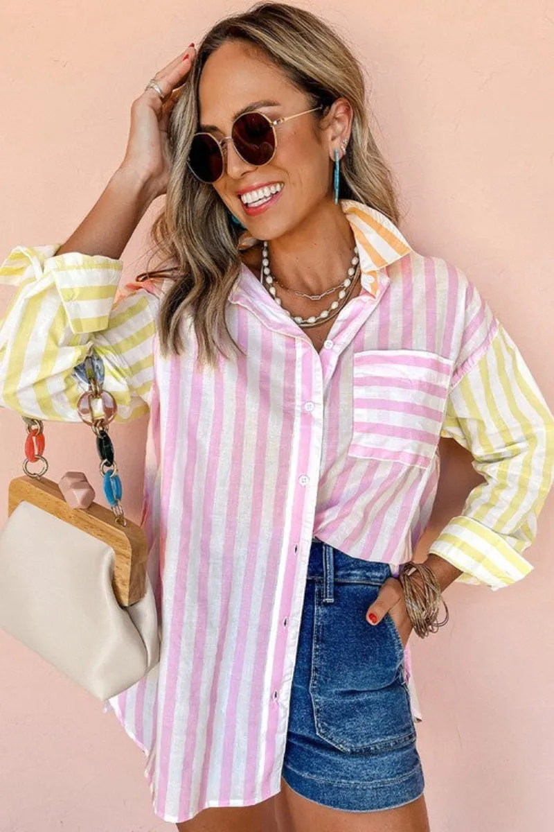 Honey Do Pink Stripe  Patchwork Shirt