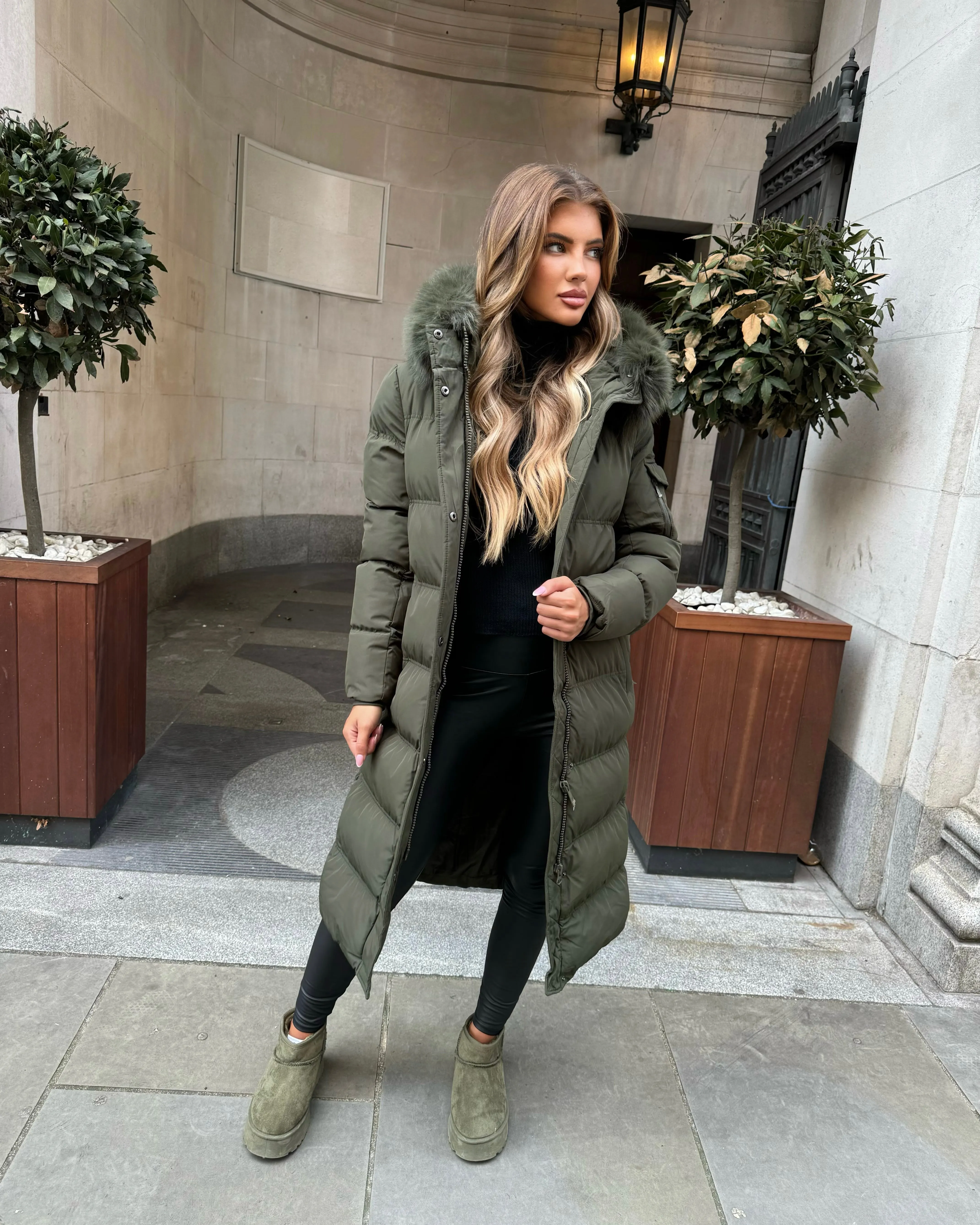 Keke Long Quilted Faux Fur Hood Coat- Khaki