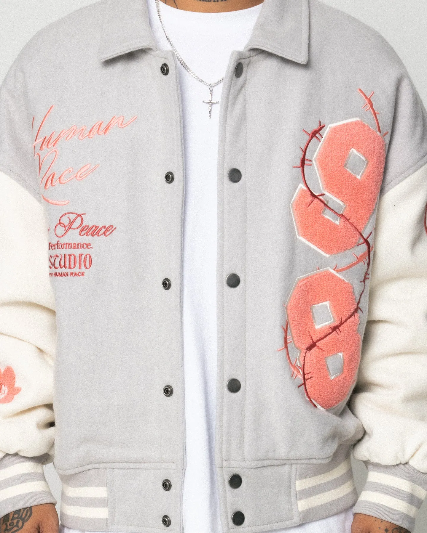 Loiter Flower Varsity Jacket Light Grey/Off White