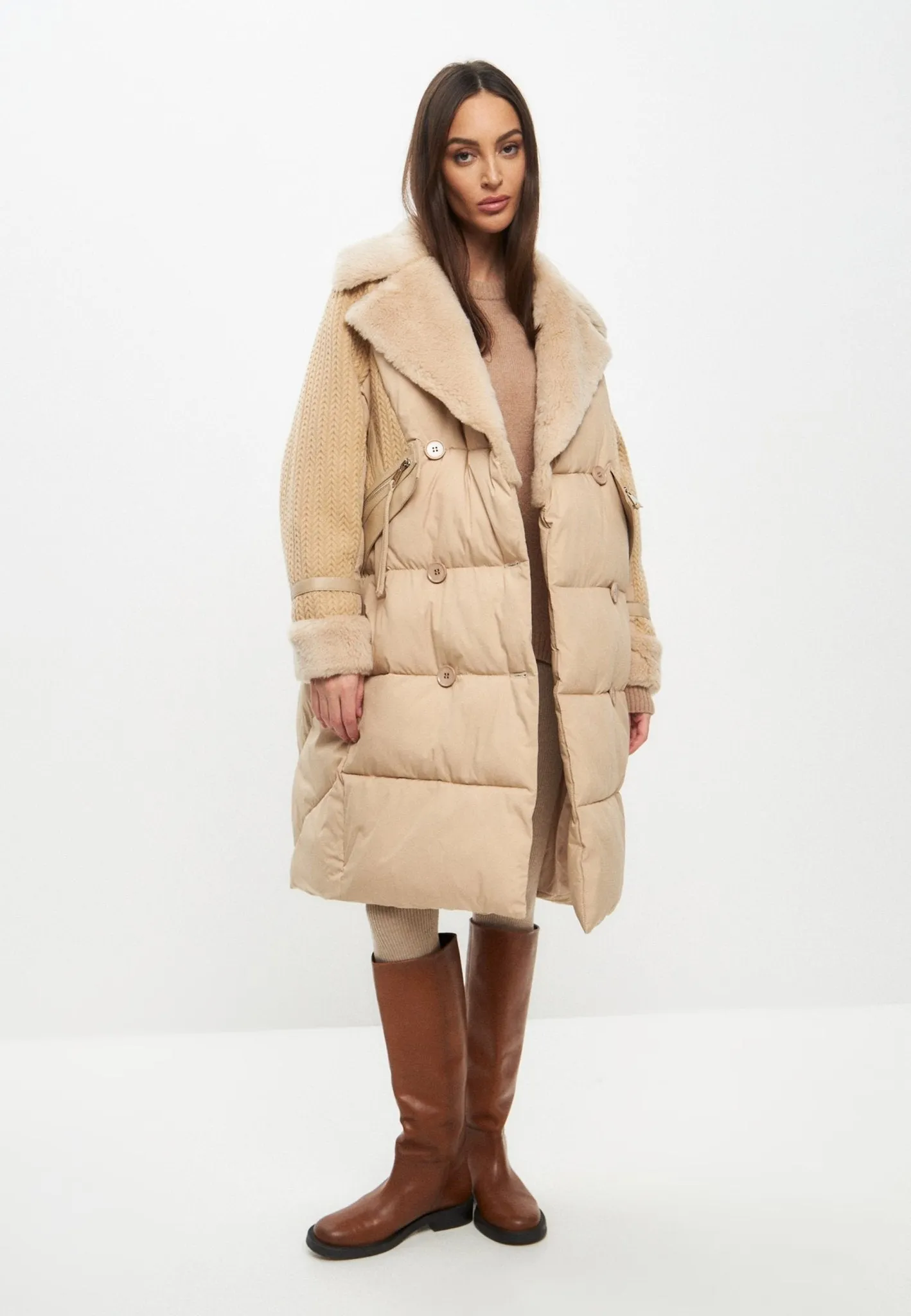 Long Quilted Coat Oversize Style - Beige