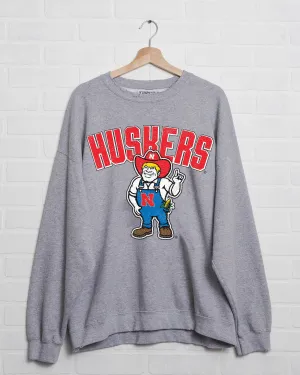 Nebraska Huskers Cartoon Mascot Gray Thrifted Sweatshirt