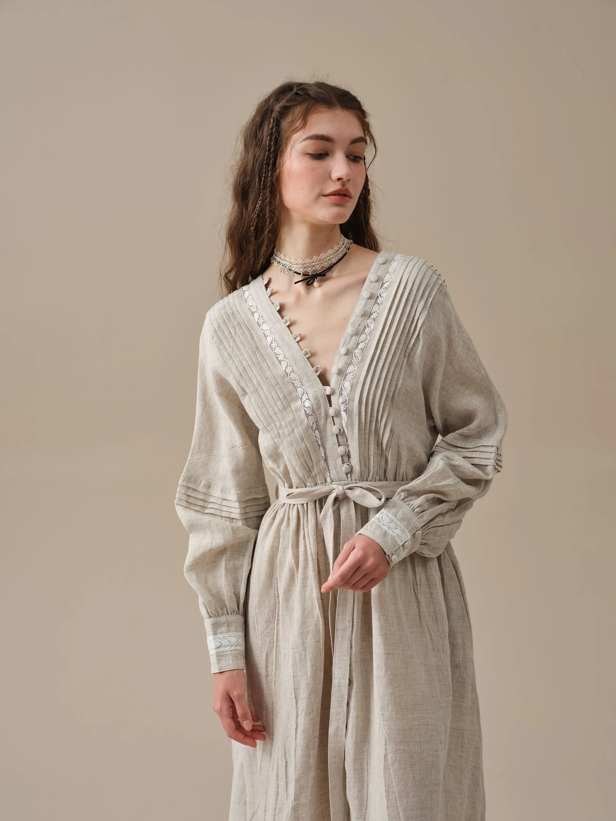 Octavia 17 | pintucked V-neck linen Dress