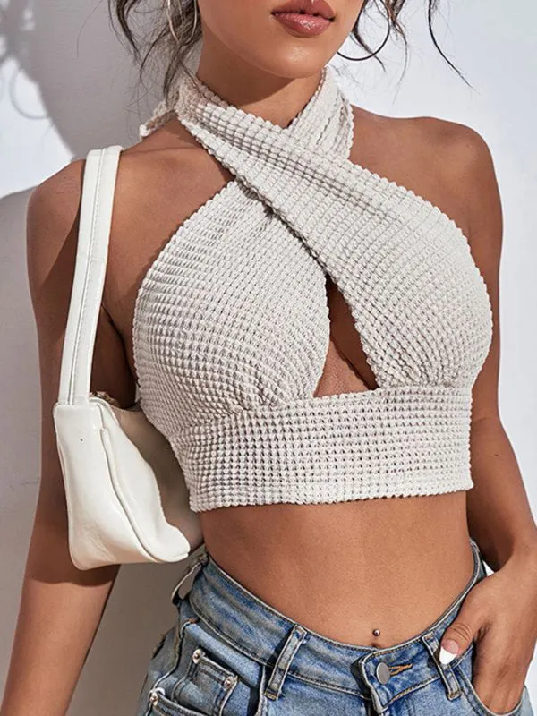 Oh so Chic Backless halterneck crop top | Women's Bustier top | knitted halterneck crop tank top summer fashion 2024 in classy beige.