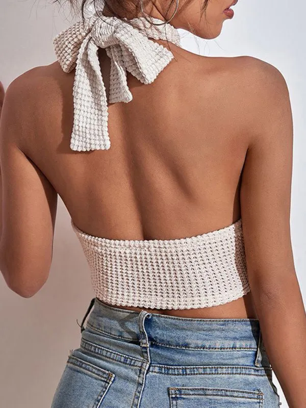 Oh so Chic Backless halterneck crop top | Women's Bustier top | knitted halterneck crop tank top summer fashion 2024 in classy beige.