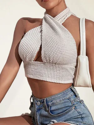 Oh so Chic Backless halterneck crop top | Women's Bustier top | knitted halterneck crop tank top summer fashion 2024 in classy beige.