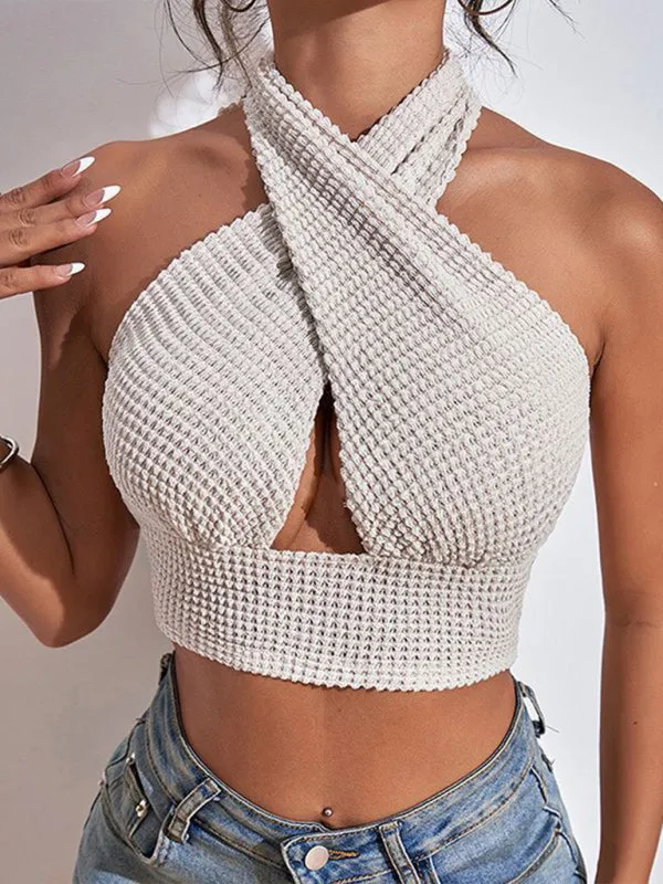 Oh so Chic Backless halterneck crop top | Women's Bustier top | knitted halterneck crop tank top summer fashion 2024 in classy beige.