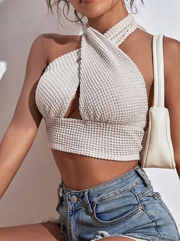 Oh so Chic Backless halterneck crop top | Women's Bustier top | knitted halterneck crop tank top summer fashion 2024 in classy beige.