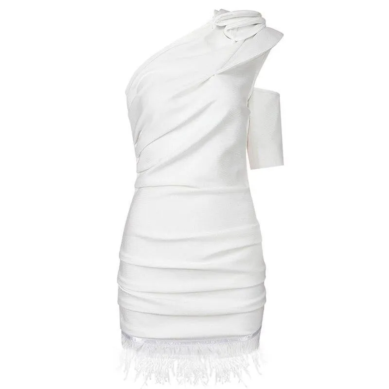 One Shoulder Feather Hem Mini Dress