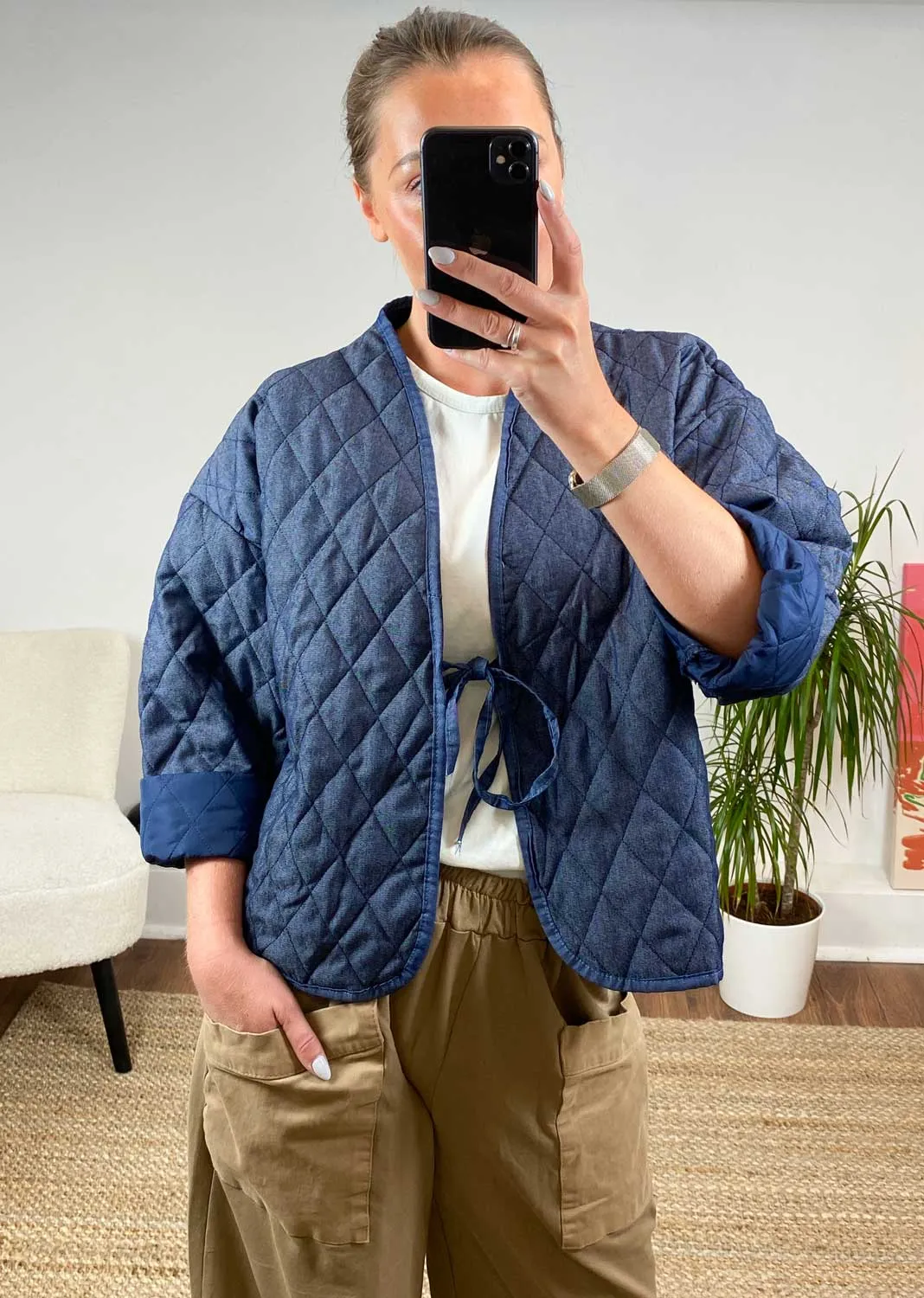 Piper Quilted Tie Front Jacket in Dark Indigo