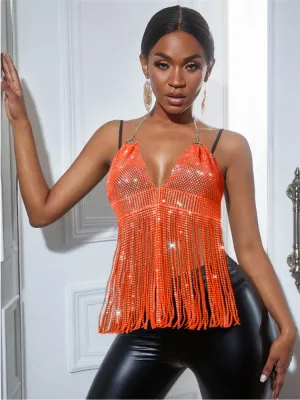 Rhinestone Tassel Cropped Halter Top