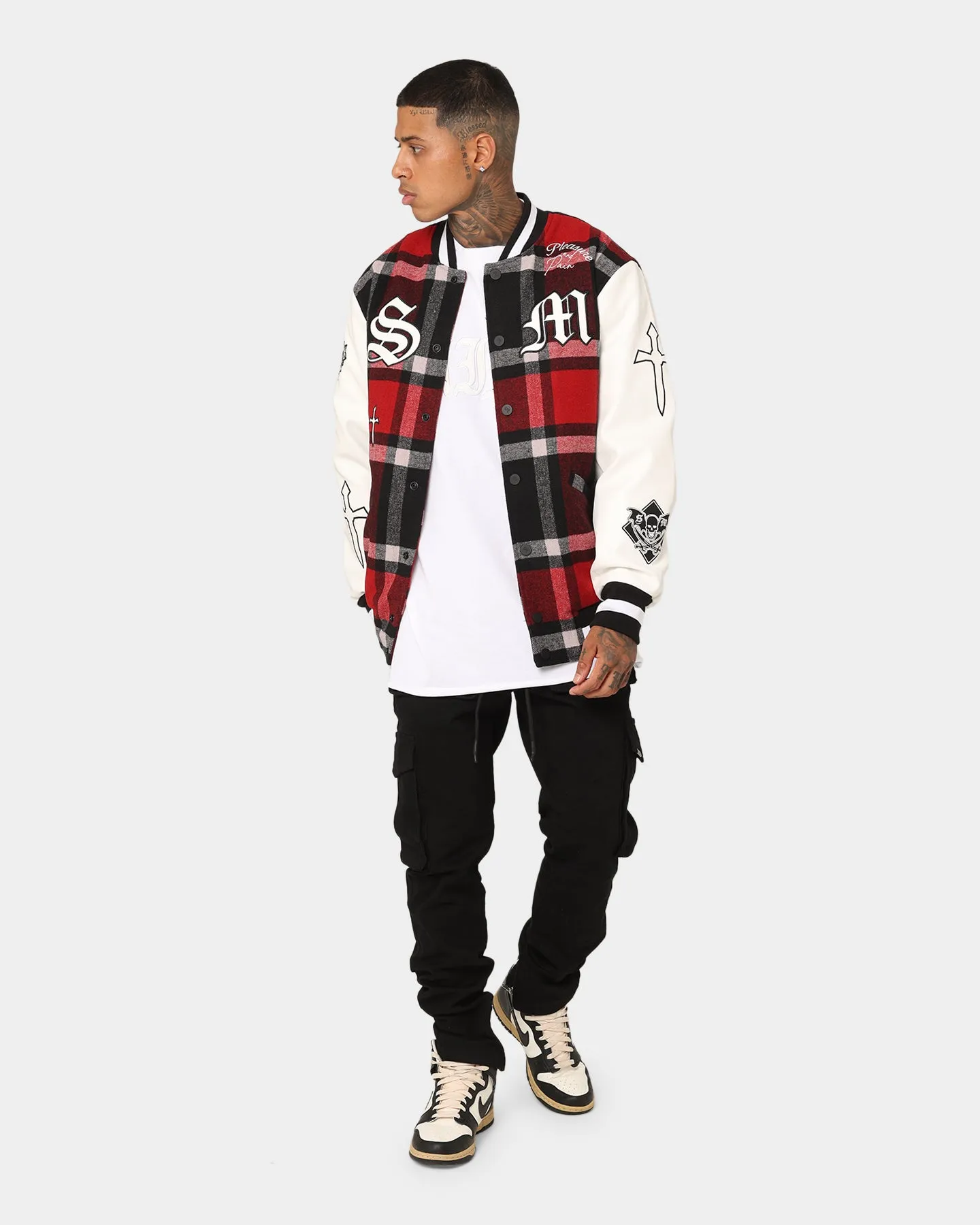 Saint Morta Graveyard Plaid Varsity Jacket Red/Black/White