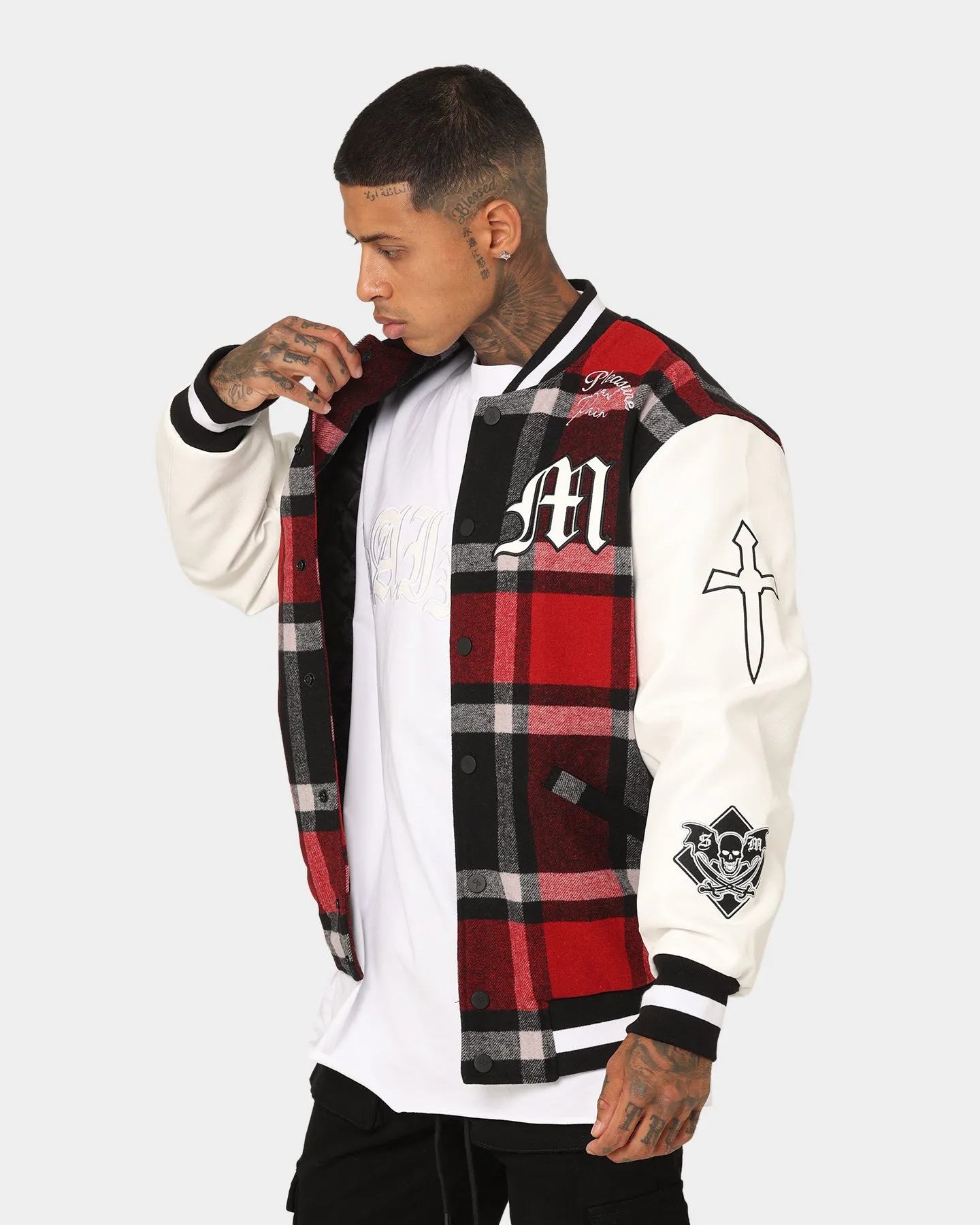 Saint Morta Graveyard Plaid Varsity Jacket Red/Black/White