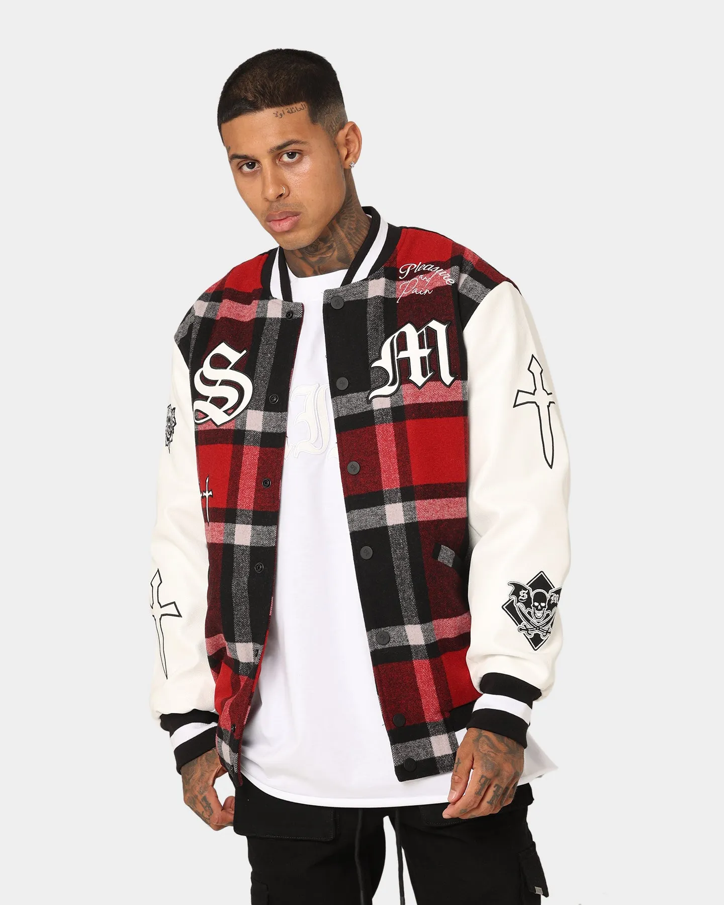 Saint Morta Graveyard Plaid Varsity Jacket Red/Black/White