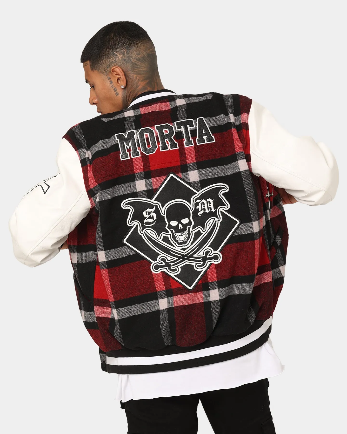 Saint Morta Graveyard Plaid Varsity Jacket Red/Black/White