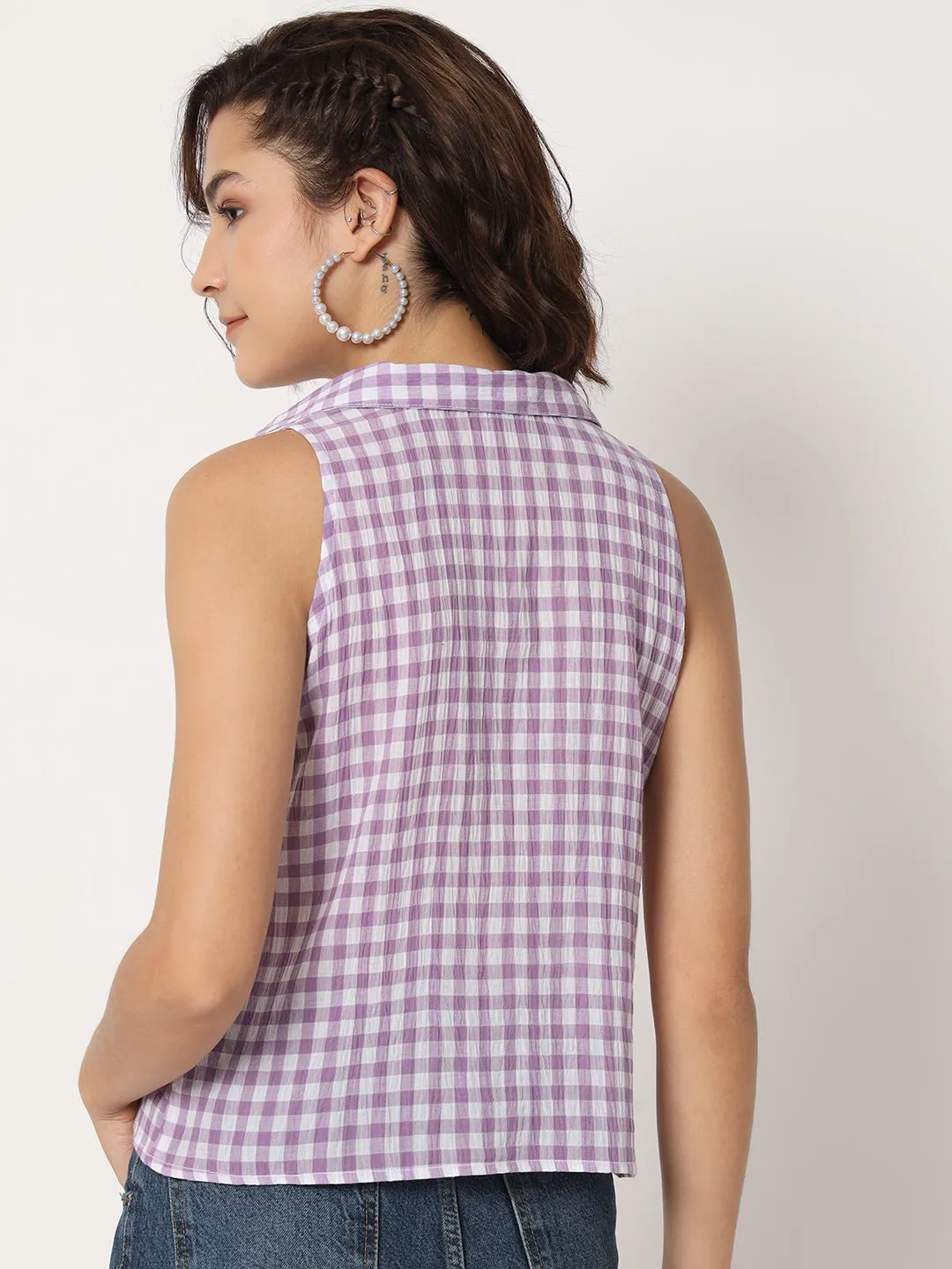 Women Checked Sleeveless Shirt Style Top