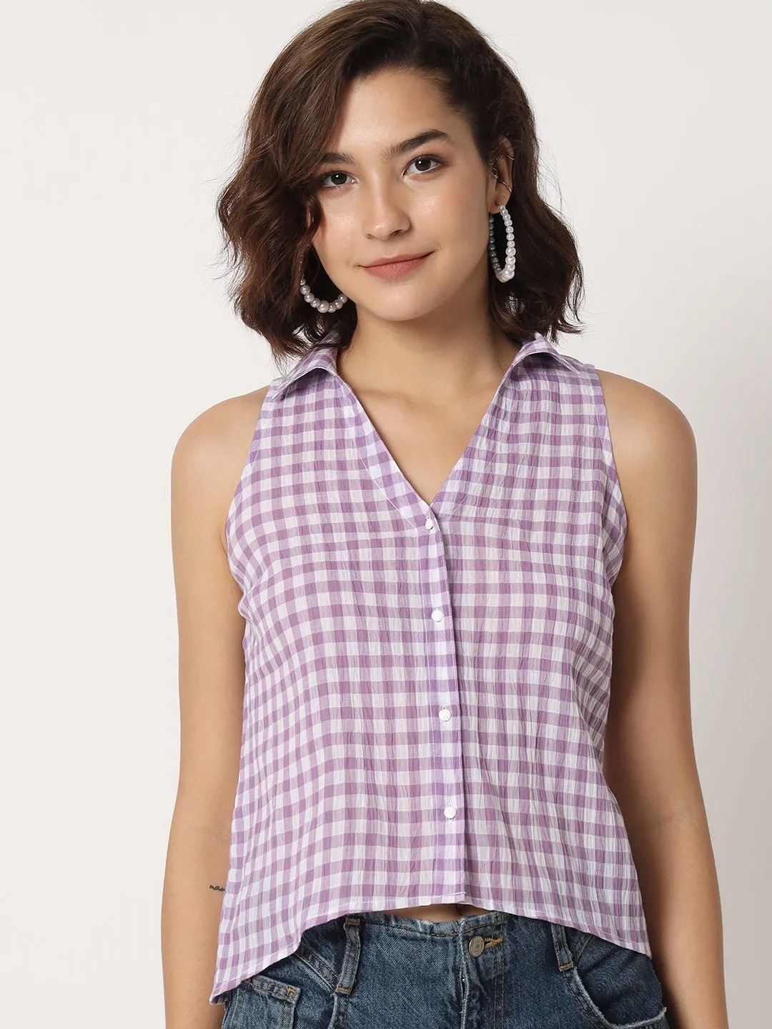 Women Checked Sleeveless Shirt Style Top