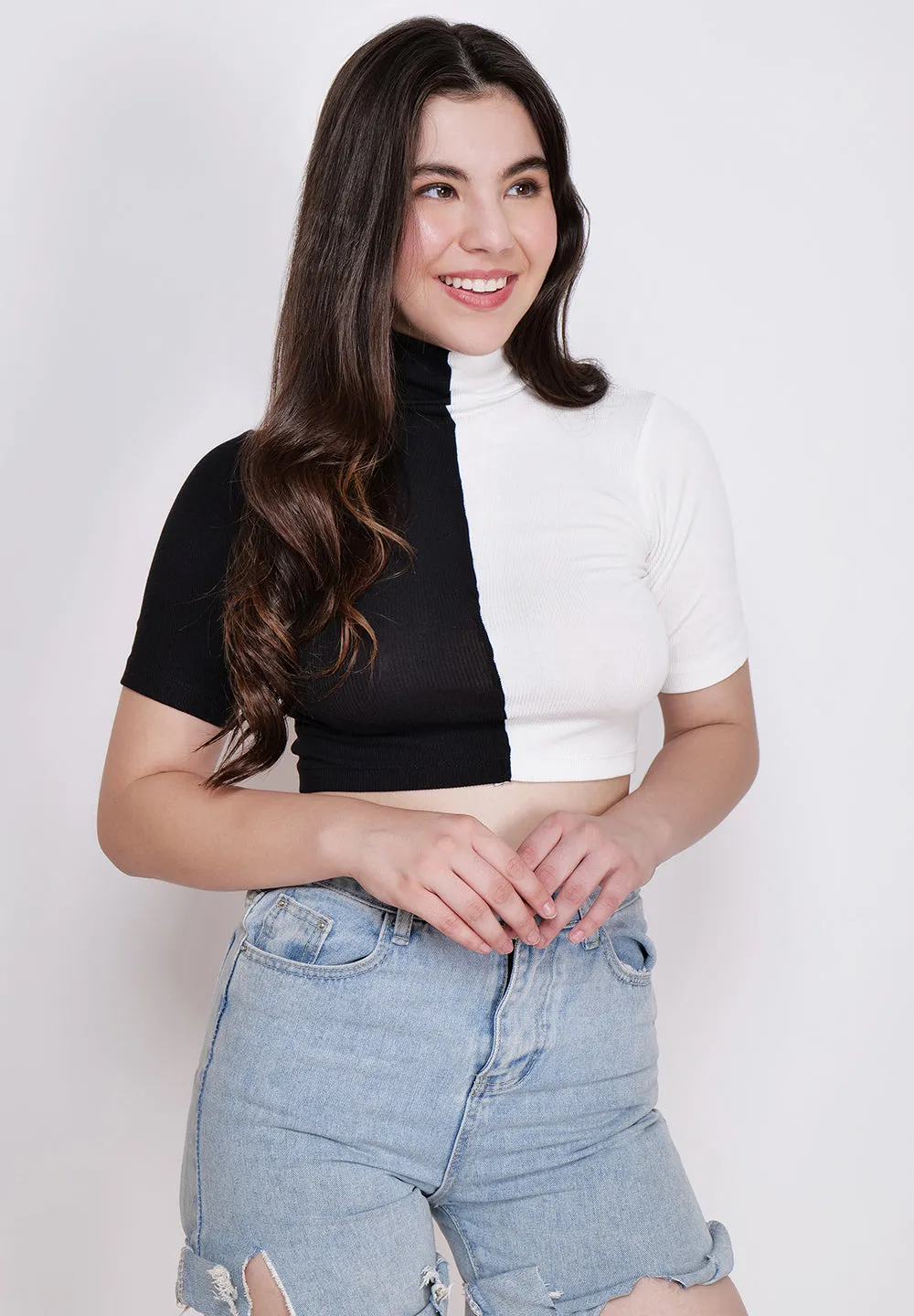 Women White & Black High Neck Fitted Crop Top