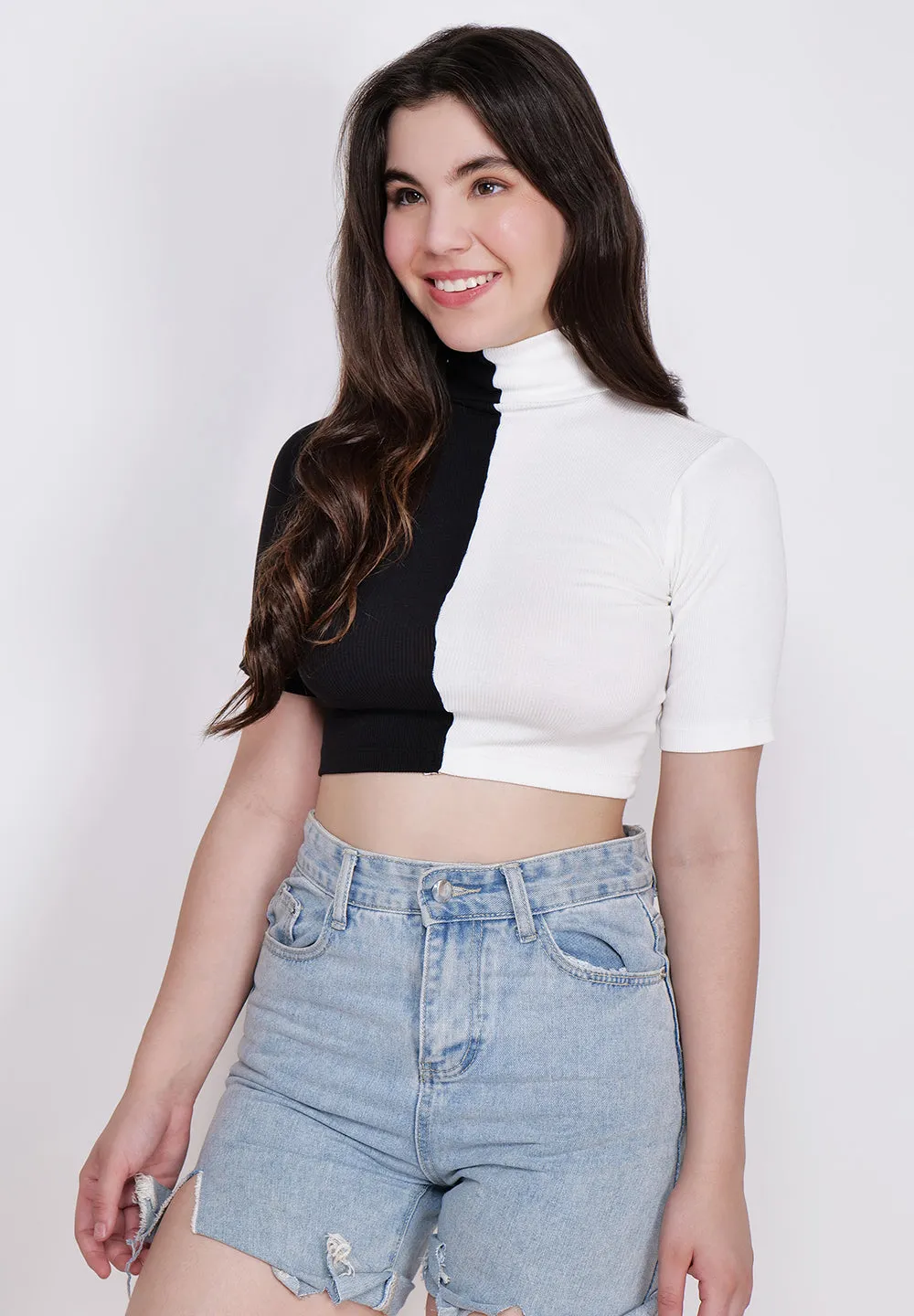 Women White & Black High Neck Fitted Crop Top