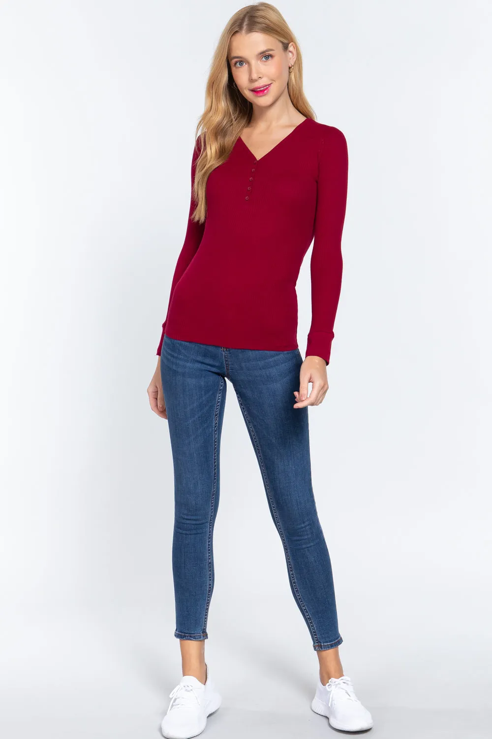 Women's Long Slv V-neck Placket Thermal Top