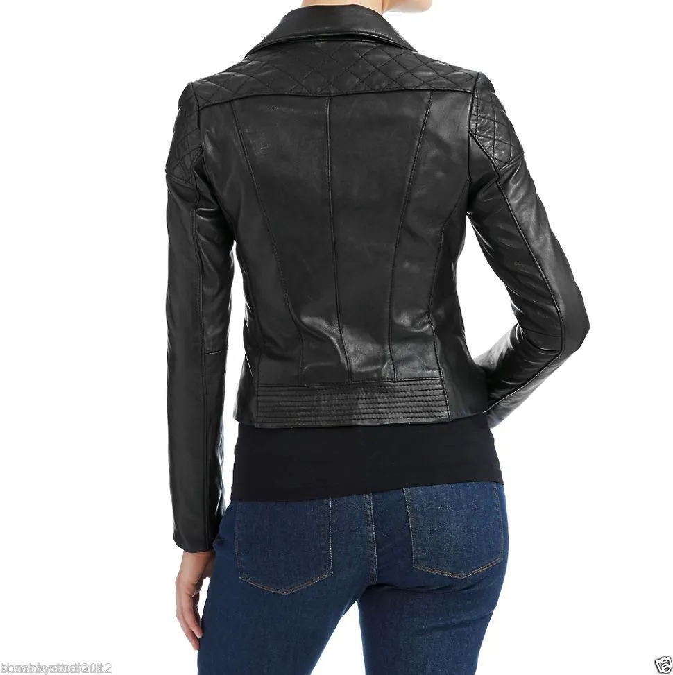 Women's Quilted Leather Motorcycle Jacket WJ044