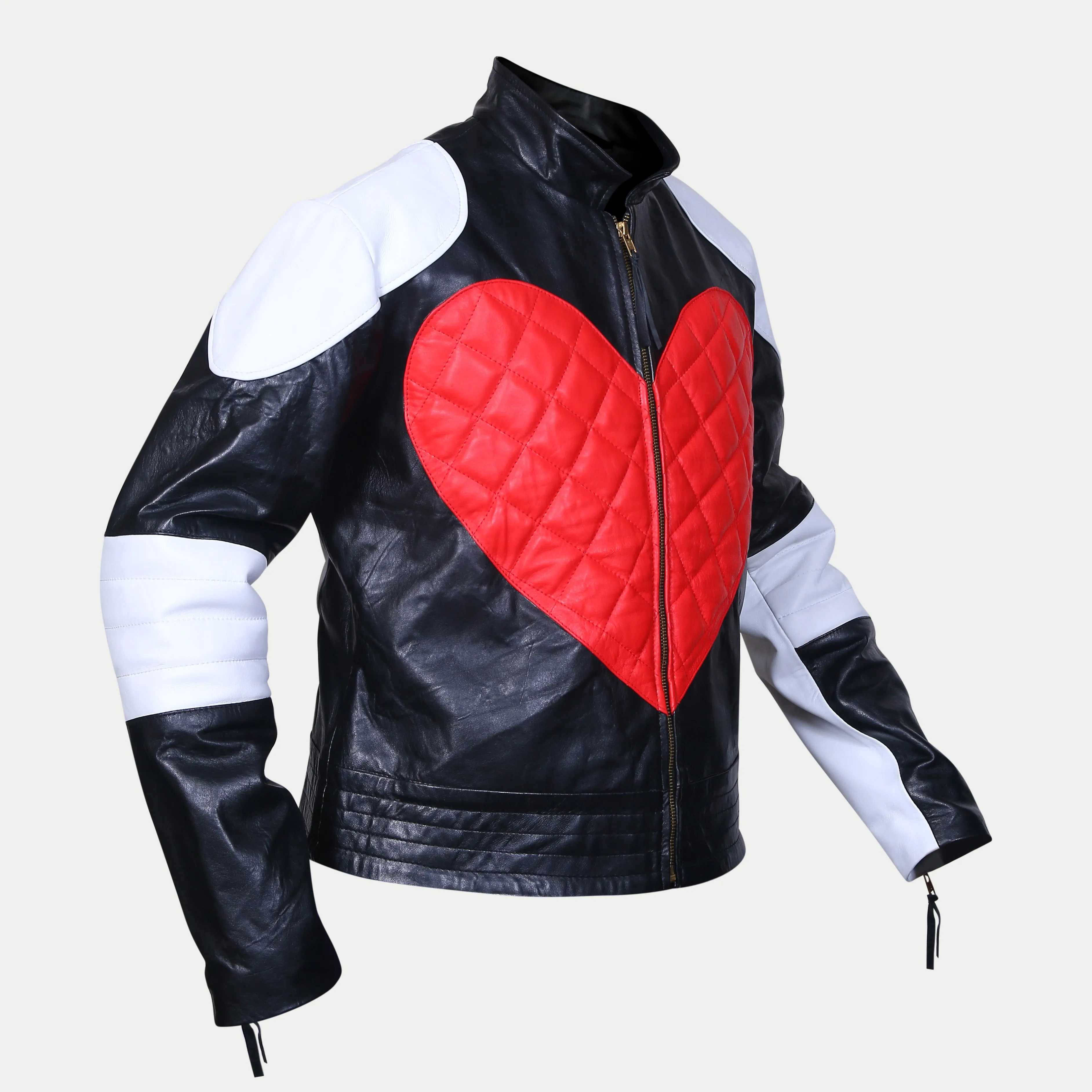 Women's Red Heart Quilted Black And White Racer Leather Jacket